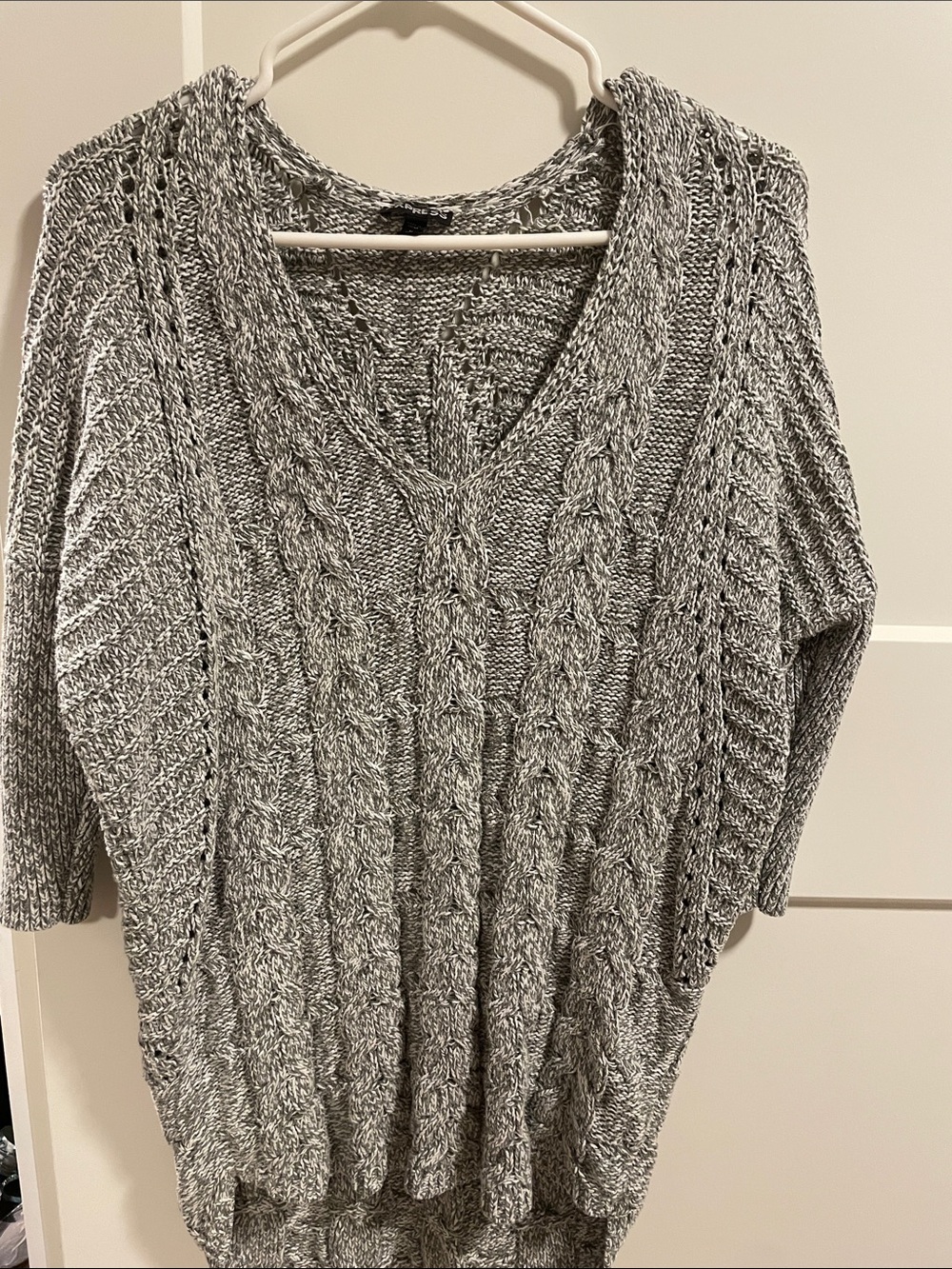 Express Marled Gray Cable-Knit V-Neck Sweater